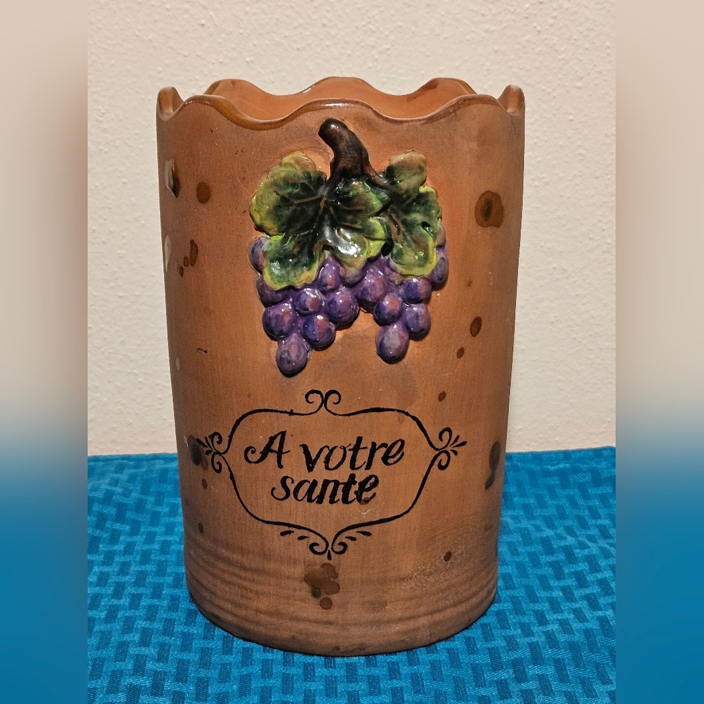 8" A Votre Sante Terracotta Wine Bottle Cooler Utensil Holder Glazed Grapes